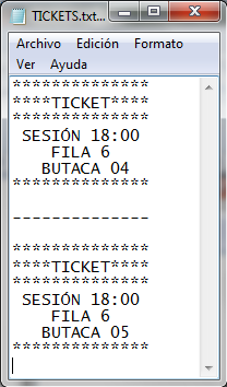 Ticket generado en el programa.