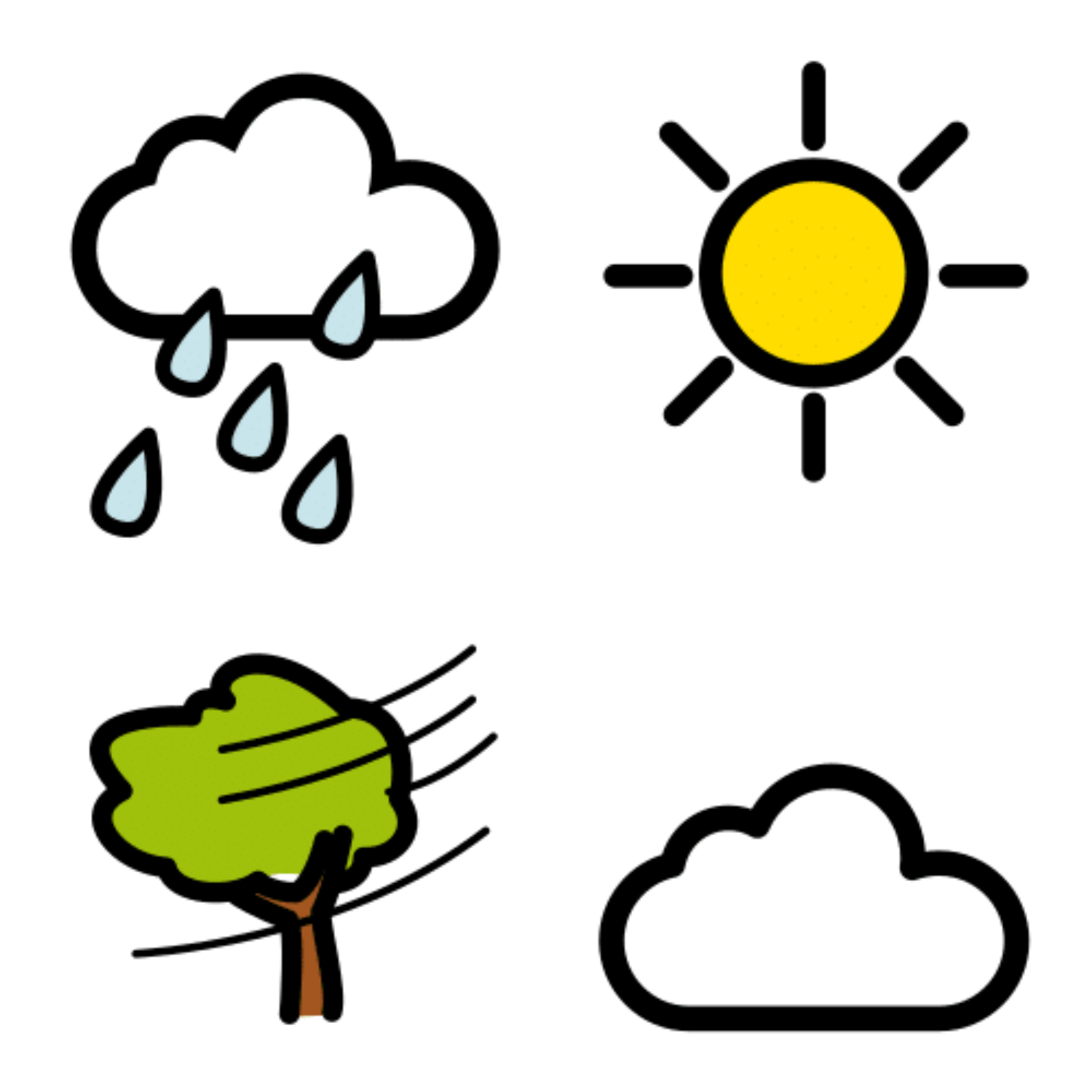 La imagen muestra cuatro símbolos, representando la lluvia, el día soleado, el viento y el día nublado..