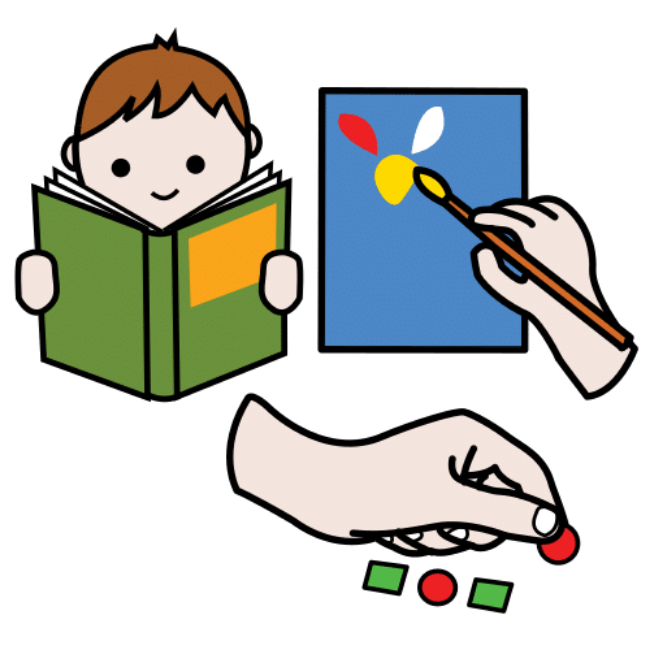La imagen muestra tres dibujos. Un niño leyendo, una mano pegando unas figuras geométricas, y un pincel sobre un cuadro.