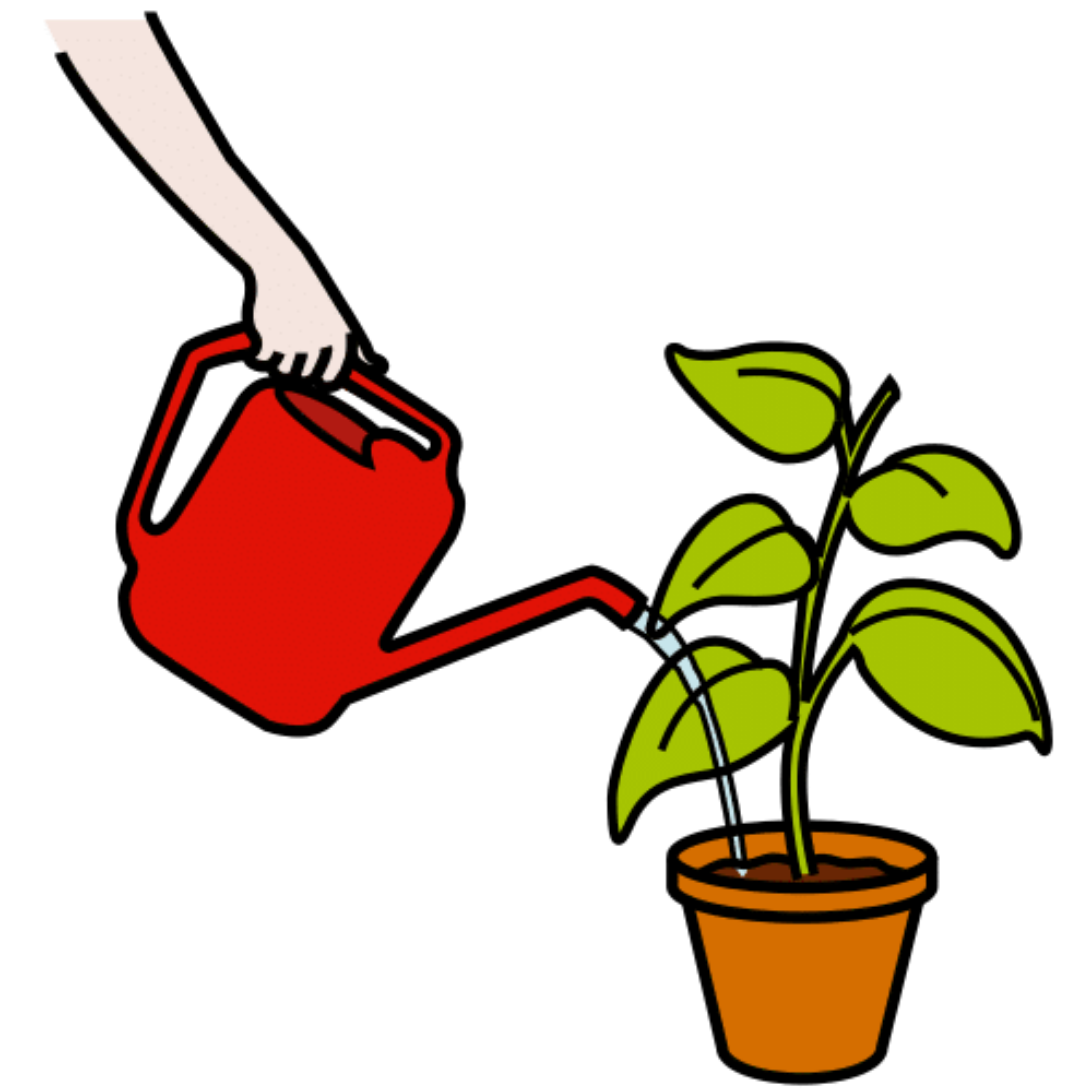 La imagen muestra una regadora roja y una planta