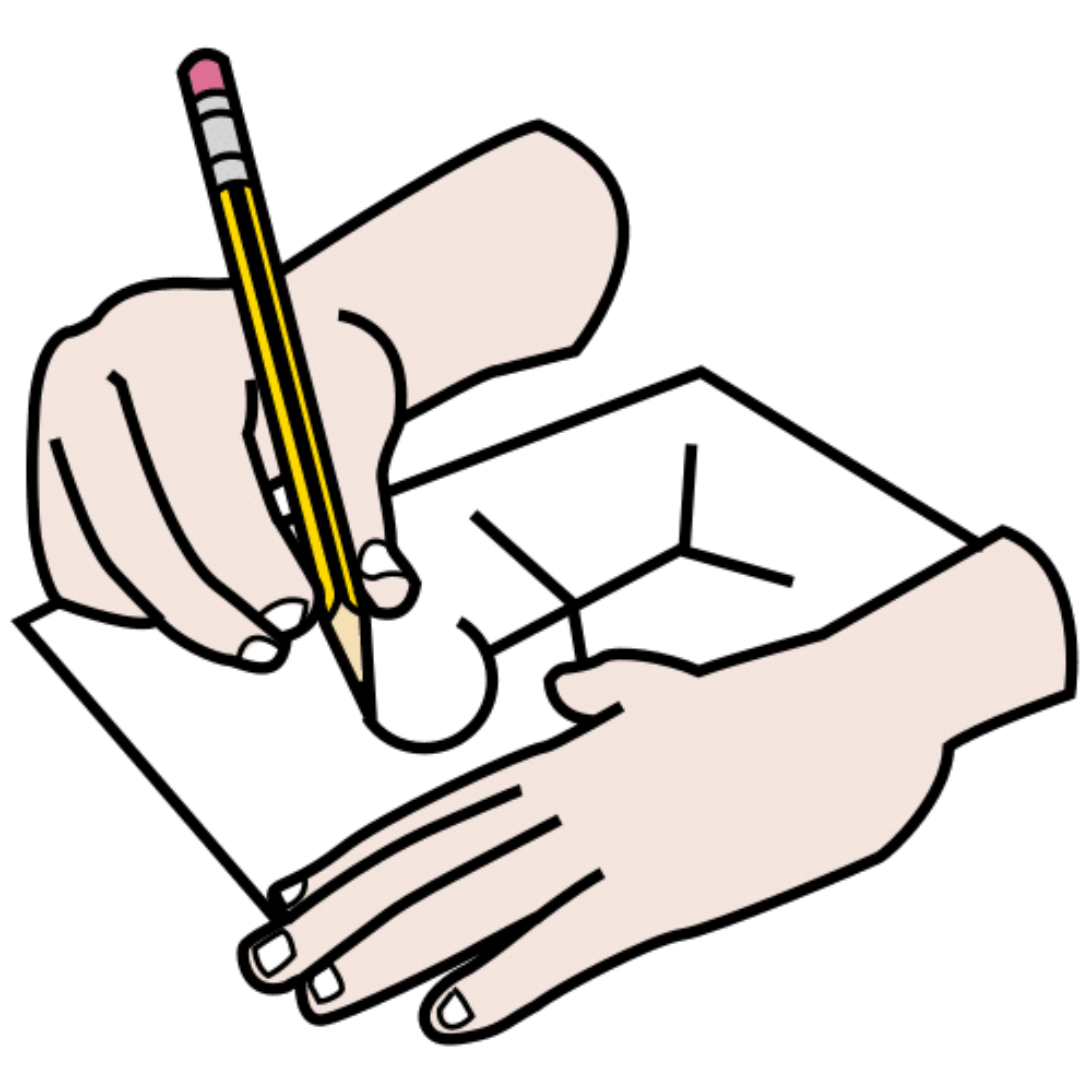 Aparecen unas manos, la izquierda sujeta el papel y la derecha dibuja un muñeco con un lápiz.
