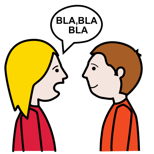 La imagen muestra el dibujo de dos niños hablando.