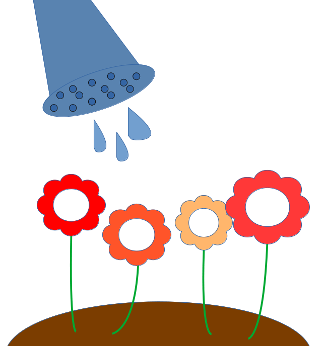 En la imagen aparecen cuatro flores, una regadera y unas pocas gotas de agua cayendo de ella.