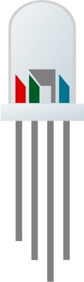 Imagen que representa un diodo RGB que tiene cuatro patas, tres de los colores rojo, verde y azul, además de una cuarta para la toma a tierra