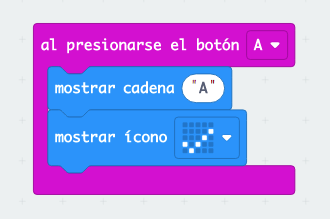 Imagen que muestra los bloques de programación Al presionar el botón A: mostrar cadena A, mostrar icono check de MakeCode