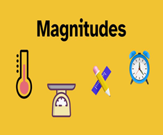 La imagen muestra sobre fondo naranja la palabra magnitudes y debajo los iconos de un termómetro, un peso, una regla y un reloj.