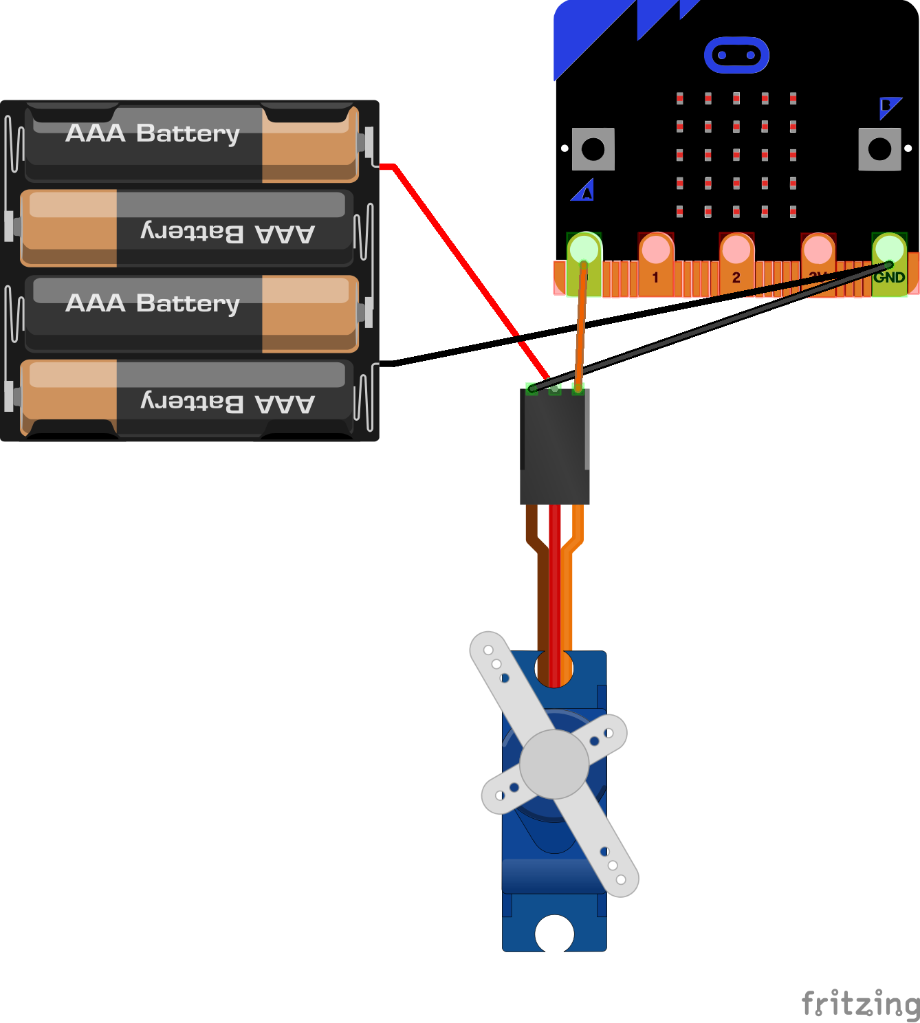 Imagen que muestra las conexiones entre la placa micro:bit, un servomotor y un portador de pilas