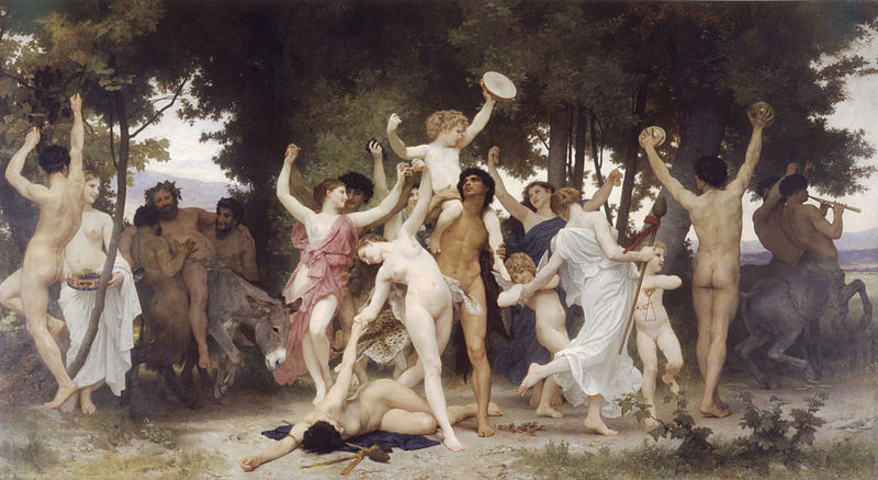 Ninfas y sátiros se divierten en el bosque acompañando a Baco