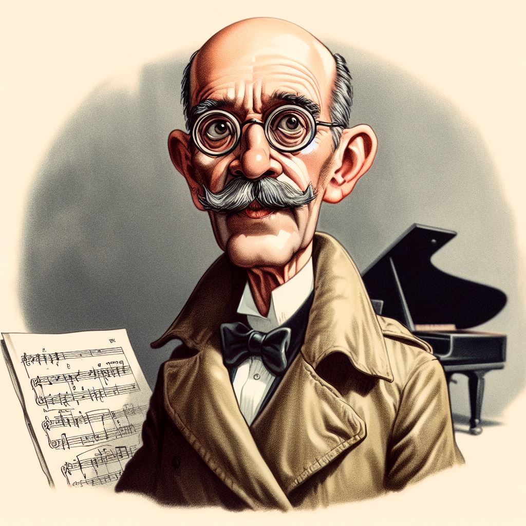 Caricatura de medio cuerpo hacia arriba del compositor Manuel de Falla, con una gabardina y un piano detrás, al fondo de la imagen.