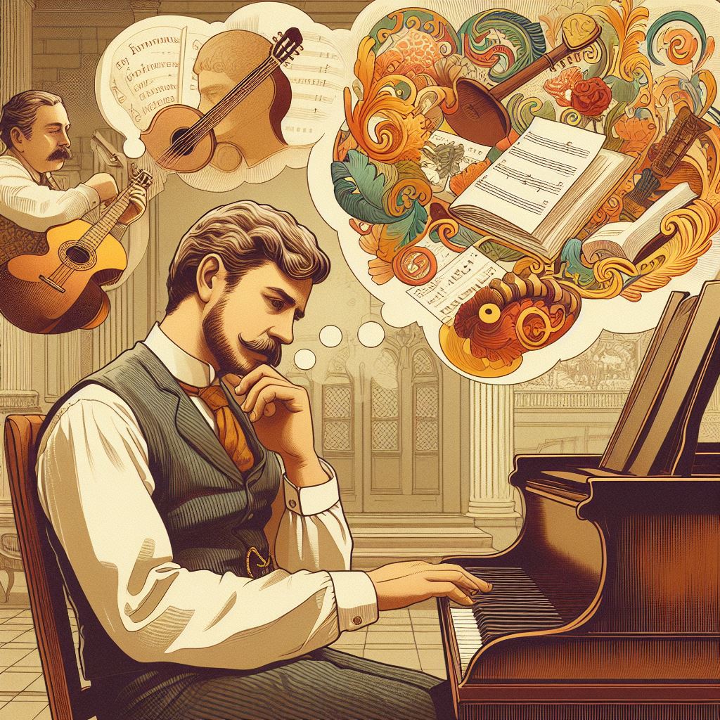 Músico nacionalista. Músico pensativo con una viñeta de bocadillo del que salen partituras y tratados. Está sentado al piano.