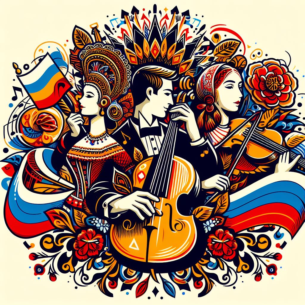 Nacionalismos musicales. Imagen que representa los nacionalismos musicales priorizando los elementos folcloricos españoles, rusos y latinoamericanos en estilo ilustración.