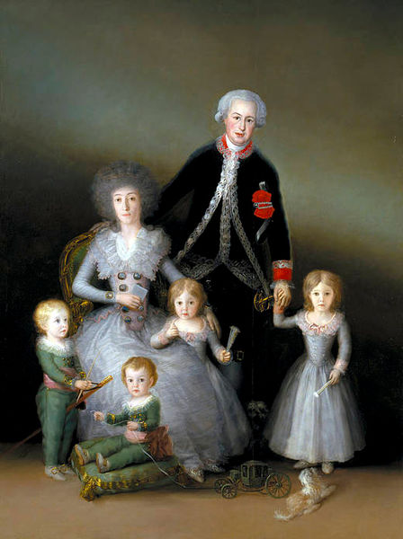 Los duques de Osuna. Padre madre y los cuatro hijos posando.