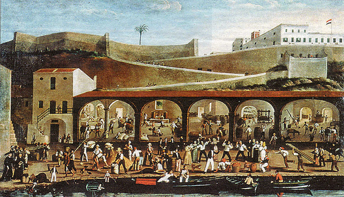 Pintura del puerto de Menorca en el siglo XVIII en la que se observa a la gente comerciando y preparando las barcas.