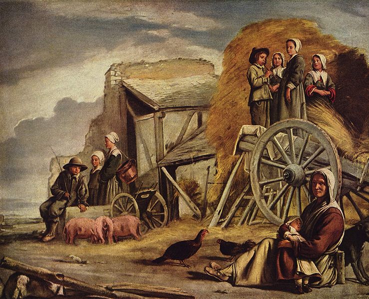 Pintura de Le Nain en la que se observa una familia de campesinos subidos en su carro y acompañado por sus animales