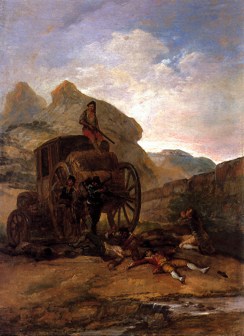 Unos ladrones asaltan un carruaje en medio de un camino. Uno de los ladrones está encima del carruaje apuntando con su trabuco.