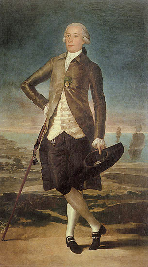 Retrato de Jovellanos de pie apoyado en un bastón y con un sombrero en la otra mano