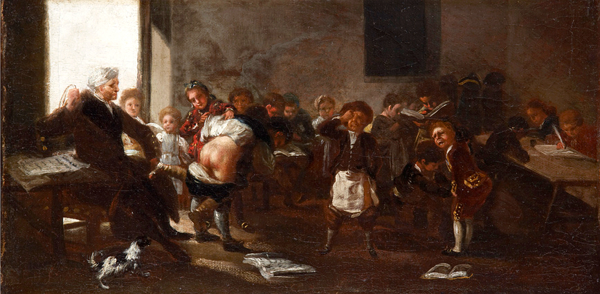 CUadro de Goya, La letra con sangre entra en la que se observa un maestro en clase golpeando en el trasero a uno de sus alumnos