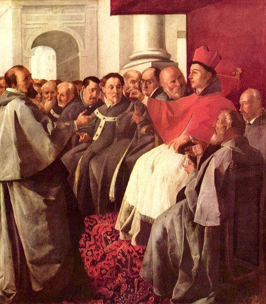 San Buenaventura sentado en el trono rodeado monjes y sacerdotes