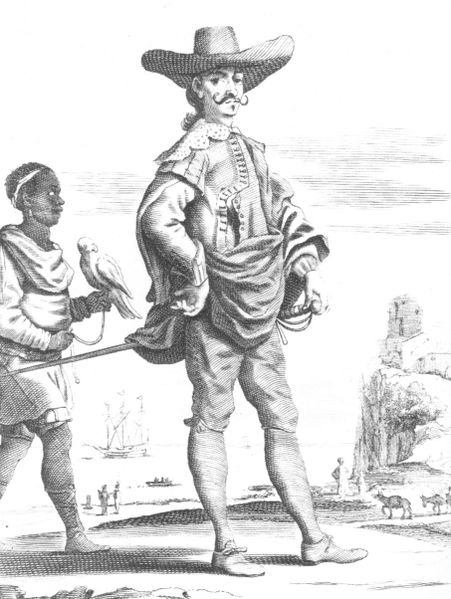 Grabado de un hidalgo con su sirviente negro a su espada