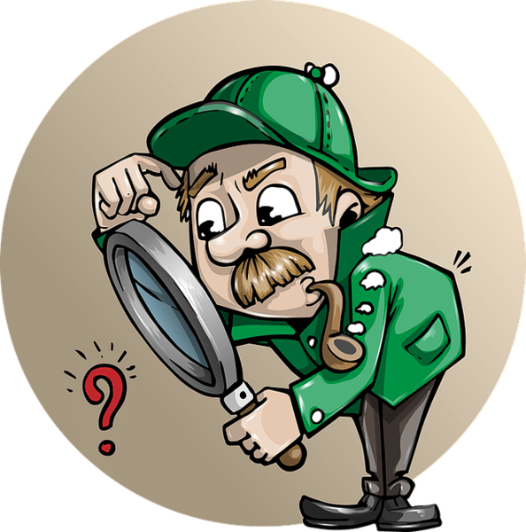 ilustración de un detective con una gran lupa en la mano a través de la cual observa un signo de interrogación