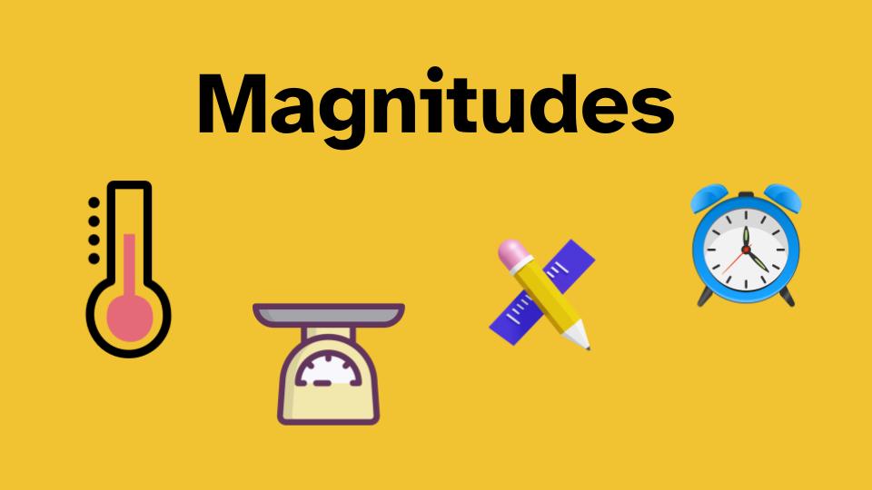 infografía bajo el título magnitudes con iconos de: un termómetro, un peso, una regla y un reloj.