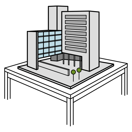 ilustración de una maqueta de un edificio moderno sobre una mesa