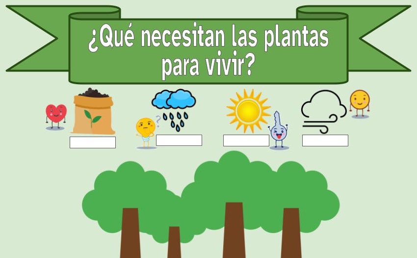 infografía en la que aparecen árboles y encima de éstos los 4 elementos básico que necesitan las platas para vivir: aire, agua, luz y tierra. Además, junto a cada uno de los elementos aparecen los personajes: Motus, Clavis, Kardia y Lumen
