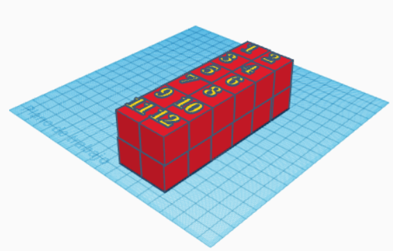 imagen de una figura compuesta de 24 dados rojos dispuestos en dos filas de 12 dados cada una una. Los doce dados de la fila superiror tienen rotulado su número, del 1 al 12