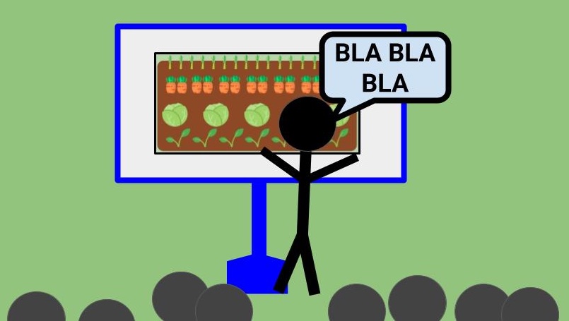 ilustración en la que aparece una silueta humana realizando una presentación de un huerto a un grupo de personas empleando una pizarra