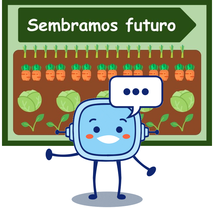 imagen de una serie de un huerto en el que hay sembradas diferentes hortalizas bajo un cartel en el que resaltan las palabras 'Sembramos futuro'.  En la zona central inferior está el personaje Retor con un bocadillo que contiene tres puntos suspensivos