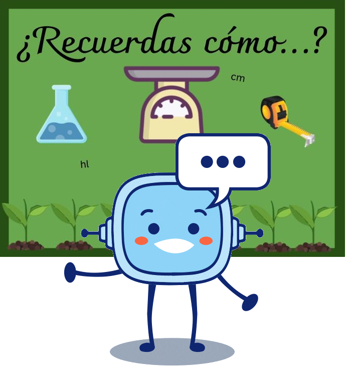 imagen de tres de instrumentos de medida como son: una balanza, una cinta métrica y un matraz bajo el título: '¿Recuerdas como...?' Además, toda la base de la imagen está decorada de pequeñas plantas que salen de la tierra. En la zona central inferior está el personaje Retor con un bocadillo que contiene tres puntos suspensivos
