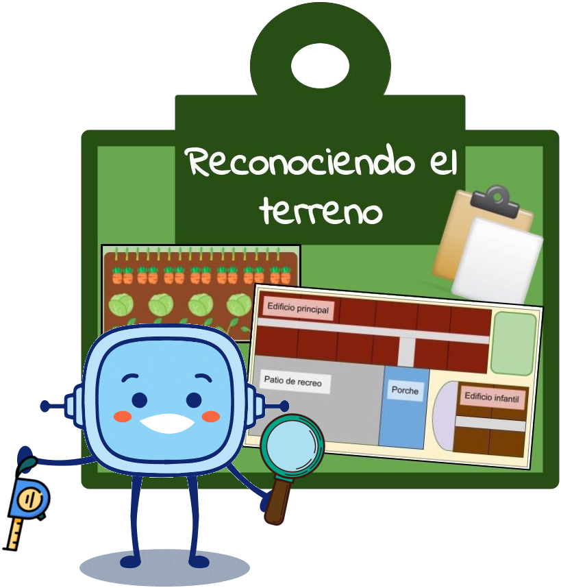 imagen de una carpeta de color verde en cuya etiqueta se pueden leer las palabras 'Reconociendo el terreno' y que contiene un dibujo de un huerto, unos planos de un colegio y una carpeta con folios. En el lado izquierdo se puede apreciar a retor con una lupa en una mano y un flexómetro en otra