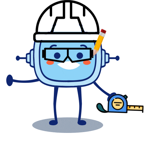 imagen de Retor con un casco de obra, un lápiz entre su cabeza y la cara, unas gafas de protección ocular y un flexómetro en su mano izquierda