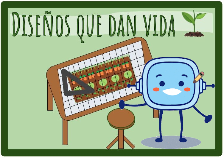 imagen de una mesa de color marrón en la que hay un diseño de un huerto. Junto a la mesa hay un taburete y encima destacan las palabras 'Diseños que dan vida', también se puede ver sobre la mesa una escuadra. Retor aparece en el lado derecho inferior de la imagen con un lápiz sobre uno de los lados de su cara