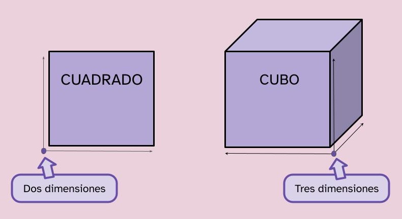 Ilustración con dos figuras: un cuadrado en el que se señalan sus dos dimensiones y un cubo en el que se señalan sus tres dimensiones.