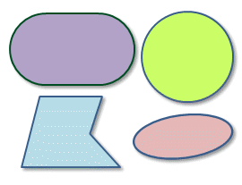 Ilustración de cuatro figuras planas de diferentes colores, entre ellas un círculo y un pentágono.