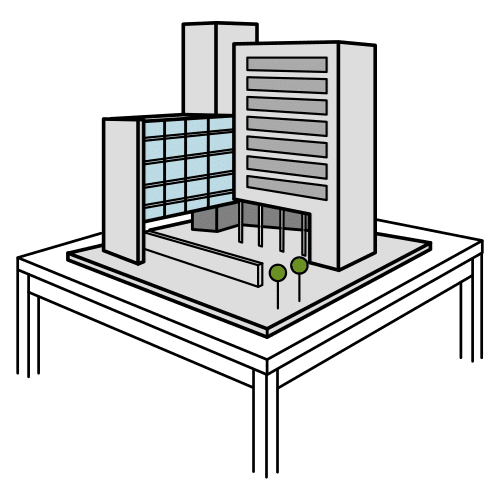 ilustración de una maqueta de un edificio moderno sobre una mesa.