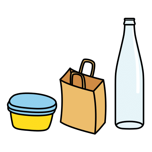 pictograma con tres recipientes distintos: una bolsa, una botella y una fiambrera