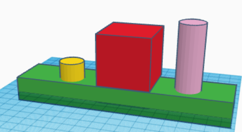 imagen de una figura compuesta por dos cilindros -uno amarillo y otro rosa- y un cubo rojo seguidos que se apoyan sobre un ortoedro de color verde en un plano azul
