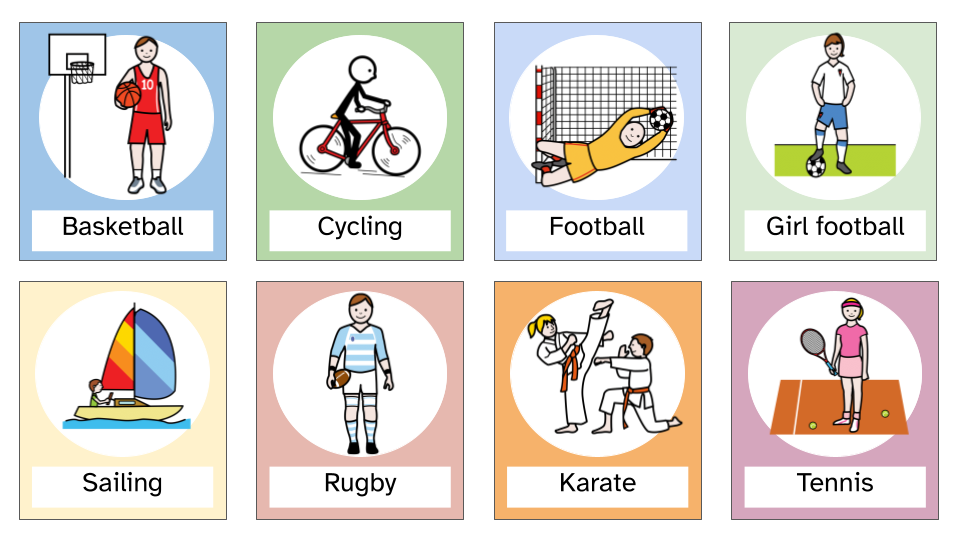 La imagen contiene los deportes: baloncesto, ciclismo, fútbol, vela, rugby, kárate y tenis y se acompaña de la imagen de cada deporte.