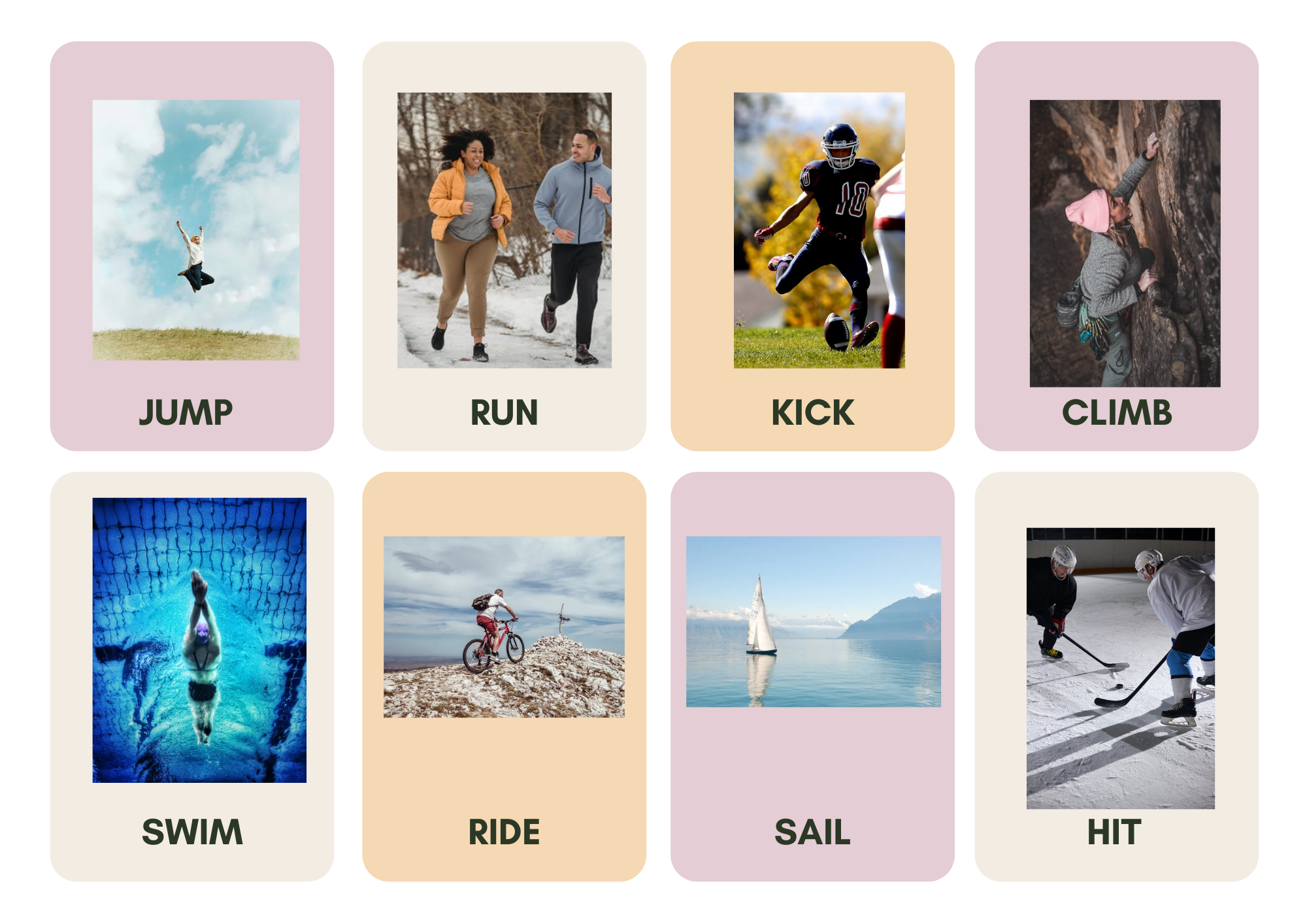 Infografía con verbos de acción relacionados con los deportes: saltar, correr, dar patadas, escalar, nadar, montar en bici, navegar y golpear la pelota