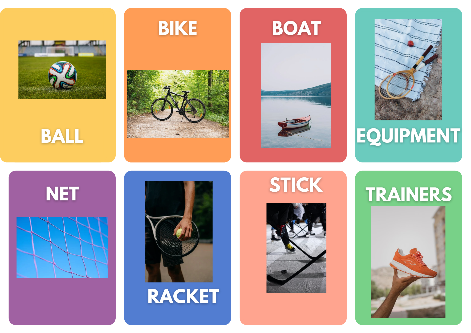 Sucesión de ocho materiales deportivos: pelota, bicicleta, bote, material en general, red, raqueta, stick y deportivas.