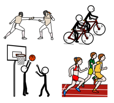 La imagen contiene los deportes: esgrima, ciclismo, baloncesto y carrera y se acompaña de la imagen de cada deporte.