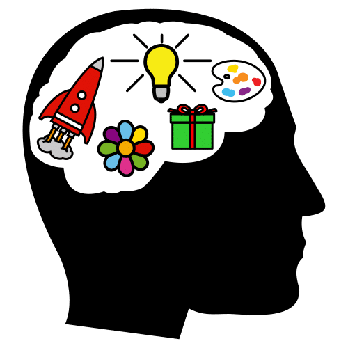 Dibujo de una cabeza y en la parte del cerebro aparecen representados diferentes objetos como un cohete, una bombilla, una paleta o un regalo.