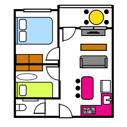 Plano de los dormitorios, la cocina, la sala de estar y la terraza de una casa.