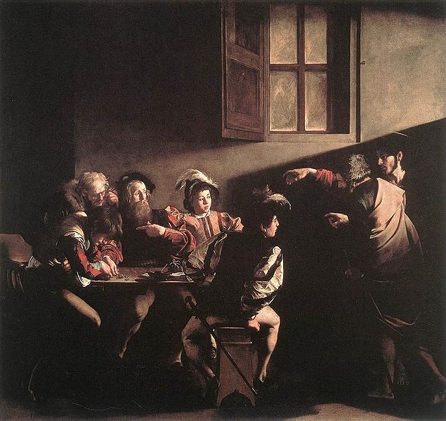 La vocación de San Mateo, una de las más perfectas muestras del Tenebrismo de Caravaggio. Estamos ante una nueva forma de tratar la luz