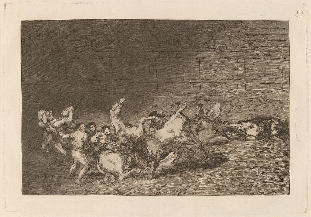 Dos grupos de picadores arrollados por un solo toro. De la serie La Tauromaquia. Goya.