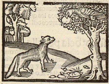 Ilustración que representa a la zorra observando al cuervo posado en un árbol