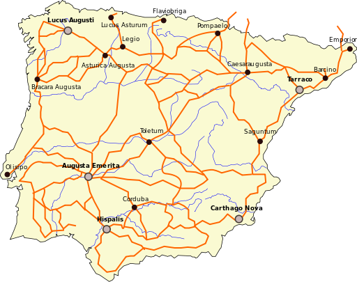 Mapa de las calzadas romanas en la Península Ibérica