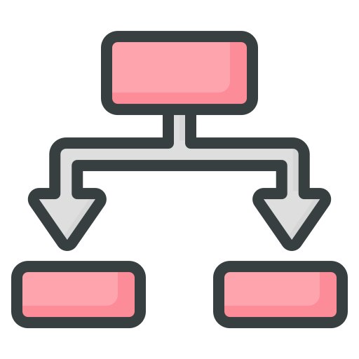 Icono de un esquema: Viñeta rectangular rosa con llave central que se subdivide en otras dos viñetas rosas más pequeñas
